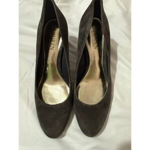 Lauren Ralph Lauren Hala Dark Grey Suede Block Heel Pumps Womens 8.5B Round Toe